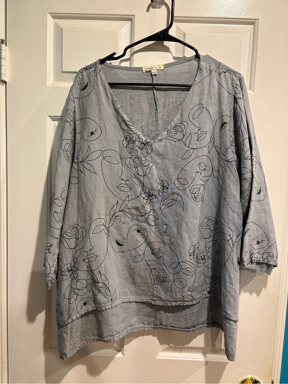 Camille & Co Italy linen tunic top art faces gray sz L Lagenlook whimsical